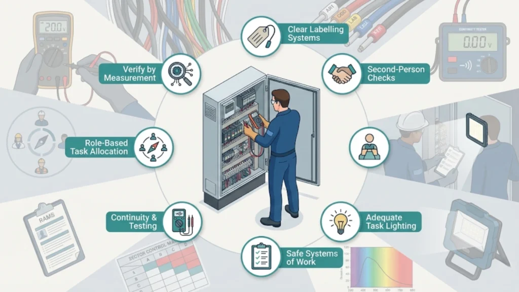 Illustrated electrician working onsite with icons and text explaining systematic electrical safety practices including testing labelling lighting teamwork and documentation