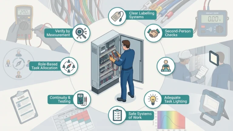 Illustrated electrician working onsite with icons and text explaining systematic electrical safety practices including testing labelling lighting teamwork and documentation
