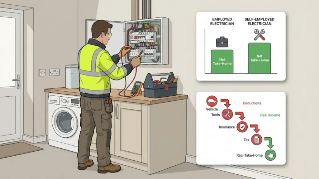 Illustrated electrician working onsite with icons explaining real take-home pay and business costs