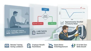 Illustrated featured image showing electrician installing EV charger in foreground with shadow panels of furlough home study, training rules flowchart, and apprenticeship shortfall chart