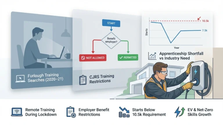 Illustrated featured image showing electrician installing EV charger in foreground with shadow panels of furlough home study, training rules flowchart, and apprenticeship shortfall chart