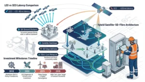 Illustrated hybrid UK network infrastructure showing satellite ground stations, LEO vs GEO latency comparison, 5G and fibre architecture, investment milestones