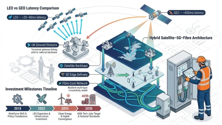 Illustrated hybrid UK network infrastructure showing satellite ground stations, LEO vs GEO latency comparison, 5G and fibre architecture, investment milestones