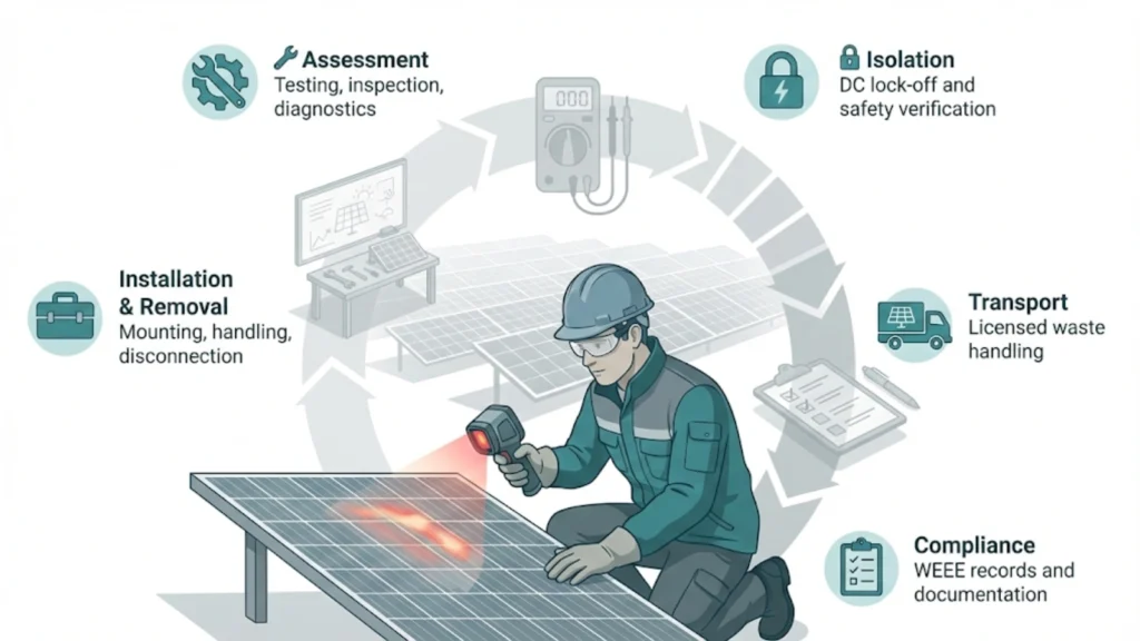 Illustrated overview of solar PV installation, diagnostics, training, and decommissioning workflow with electrician onsite