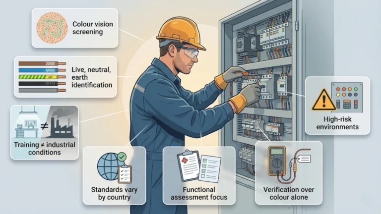 Illustrated overview showing an electrician at work with icons explaining colour vision screening, wiring identification, safety risks, standards, and workplace adaptations