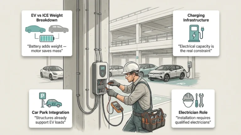 Illustrated overview showing an electrician installing EV charging equipment in a modern car park, with icons explaining vehicle weight, charging infrastructure, and electrical capacity