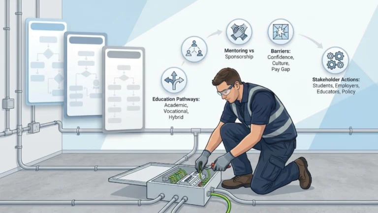 Illustration of an electrician working onsite with surrounding icons and text explaining engineering career pathways mentoring sponsorship barriers
