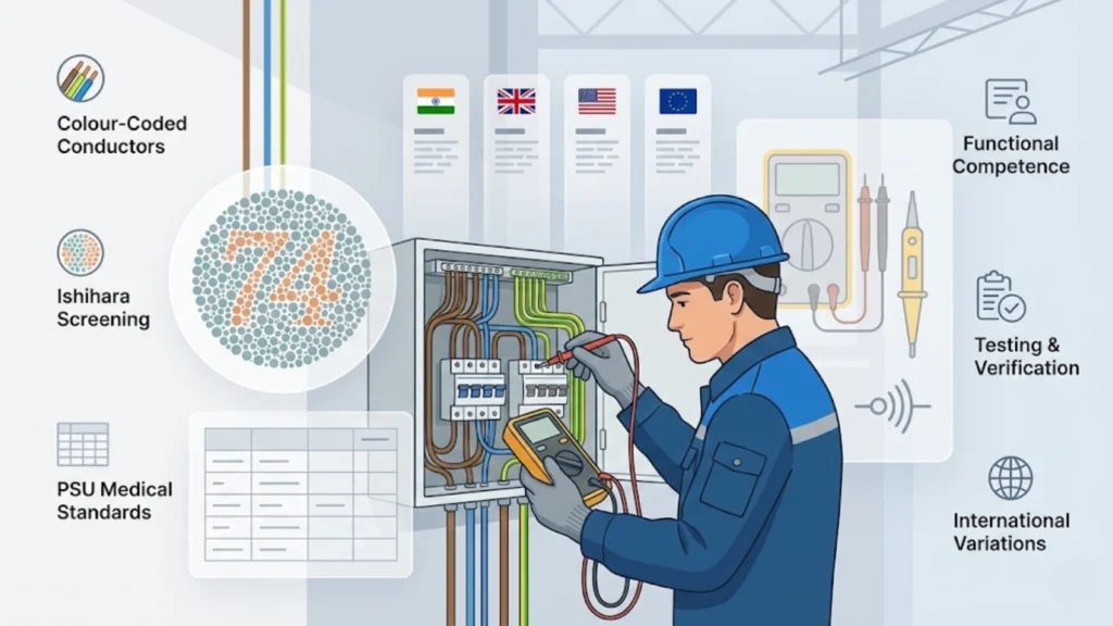 Illustration of electrician working onsite with multimeter, surrounded by icons representing colour-coded wiring, Ishihara screening, PSU medical standards, testing equipment