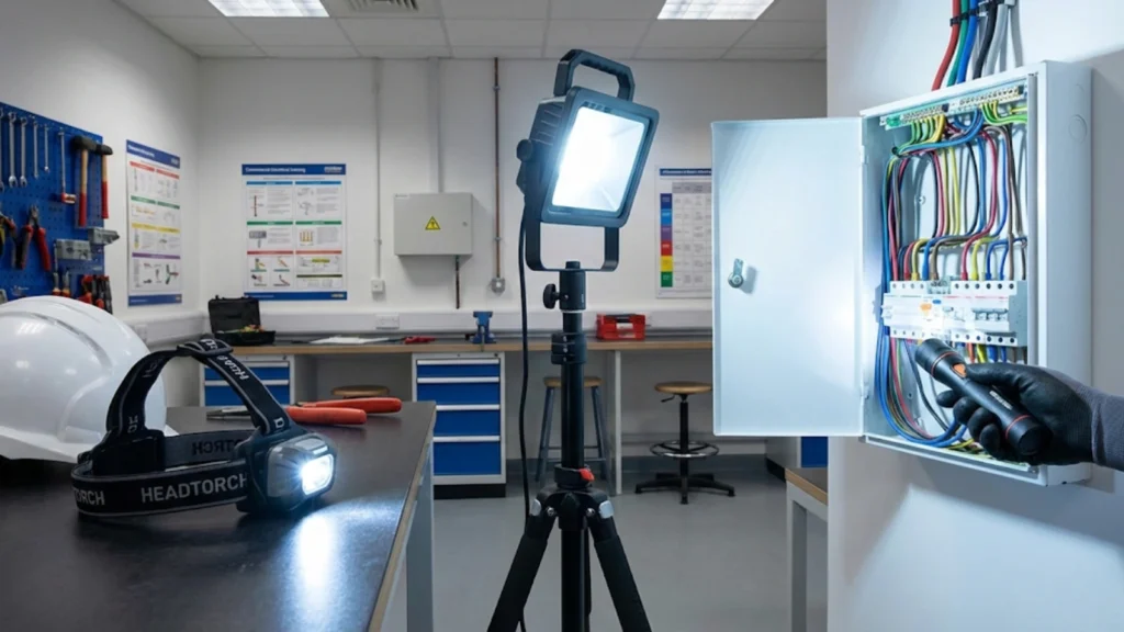 Professional electrical task lighting equipment including LED headtorch, portable work light, and inspection torch illuminating