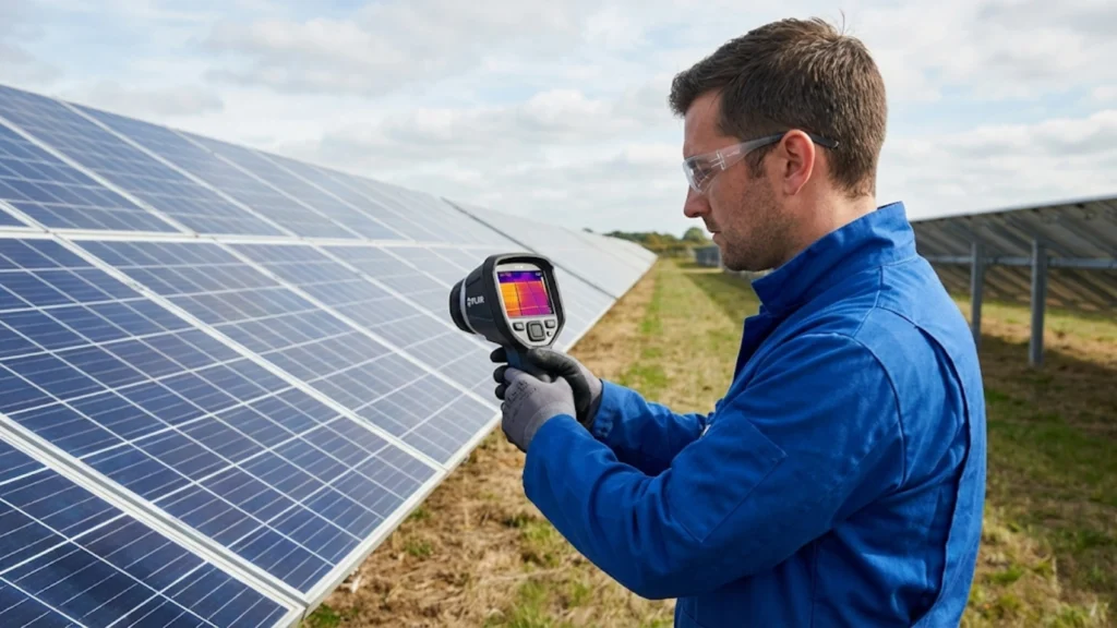 Qualified electrician performing diagnostic testing on solar panel installation with thermal imaging equipment