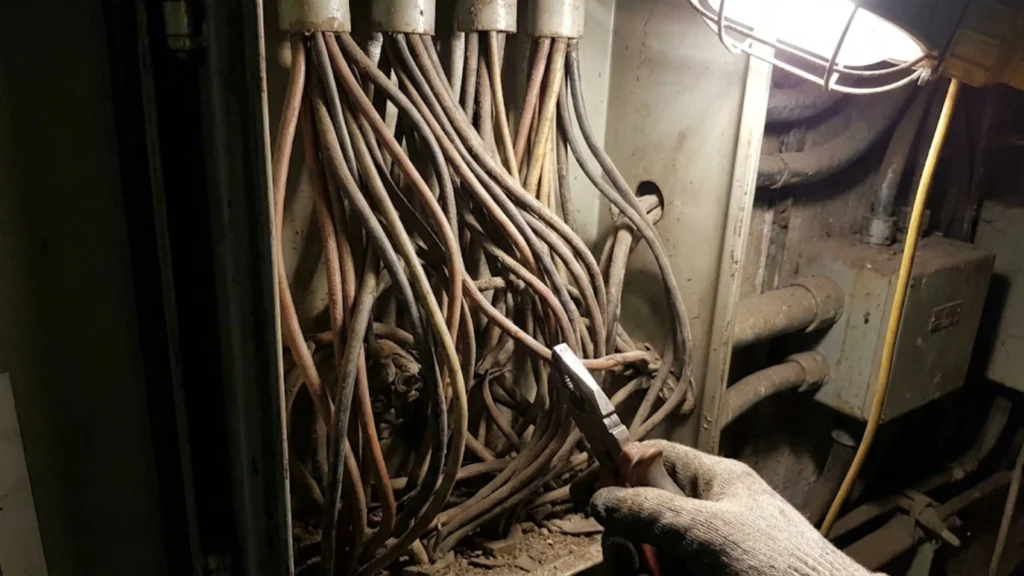 Real-world cable identification challenges with poor lighting, faded insulation, and similar-coloured conductors