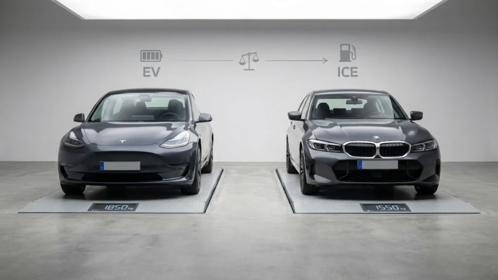 Side-by-side comparison showing electric vehicle and petrol car demonstrating weight differences