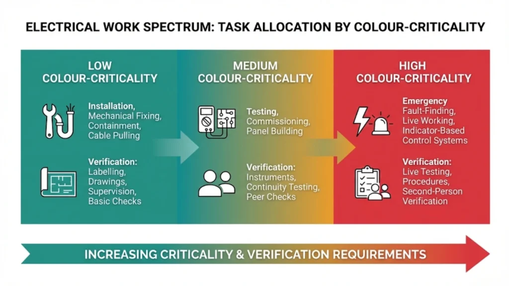 Spectrum diagram showing electrical work types from low to high colour-criticality with example tasks and verification methods
