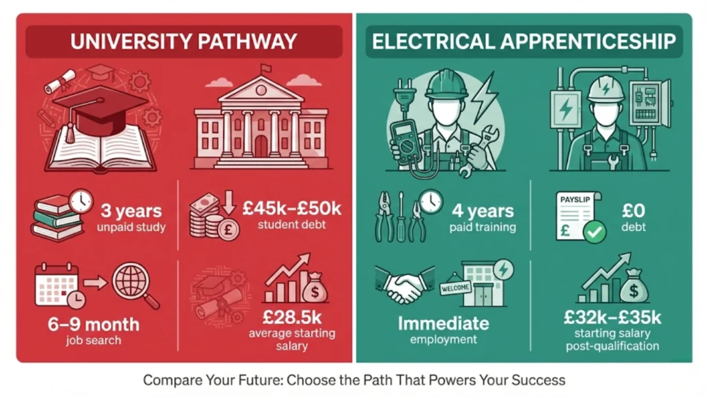 Split comparison infographic showing university pathway versus electrical apprenticeship outcomes