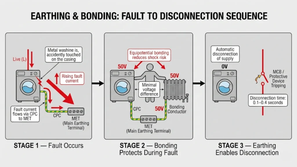 Three-stage diagram showing how earthing and bonding work together during an electrical fault, from fault occurrence to automatic disconnection