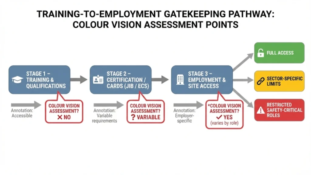 Training to employment pathway showing colour vision assessment stages