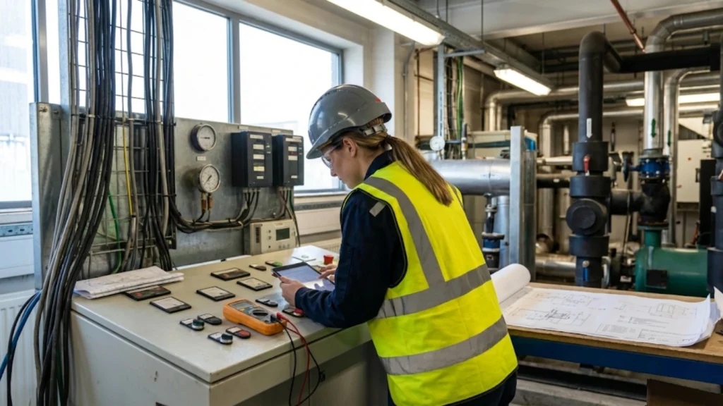 Young female engineer working hands-on with technical equipment on an engineering site, reviewing drawings while wearing safety gear