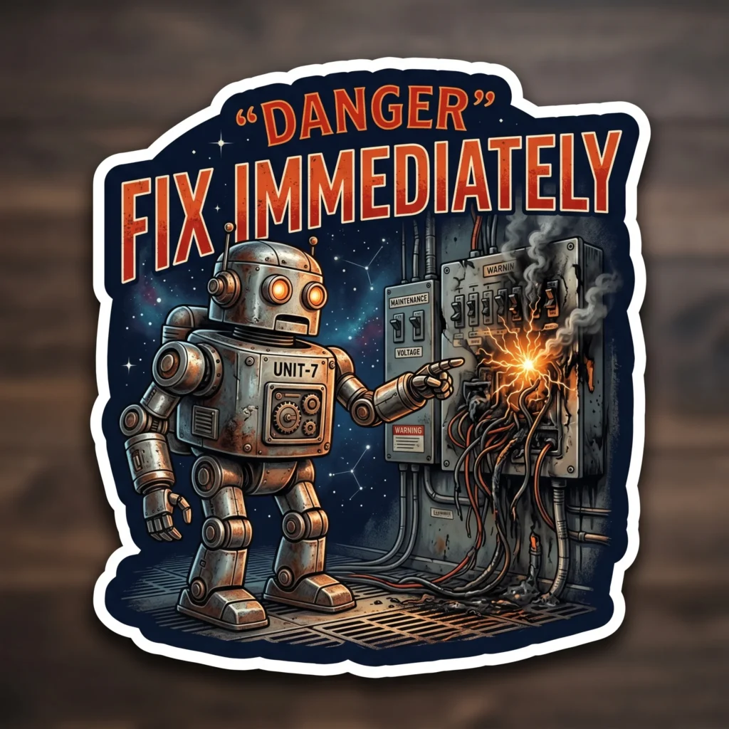 Cartoon robot pointing at a sparking electrical panel with the warning ‘Danger – Fix Immediately.