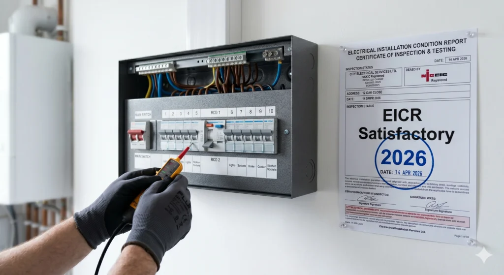 Electrician testing a fuse board with an EICR certificate showing ‘Satisfactory 2026’ on the wall.
