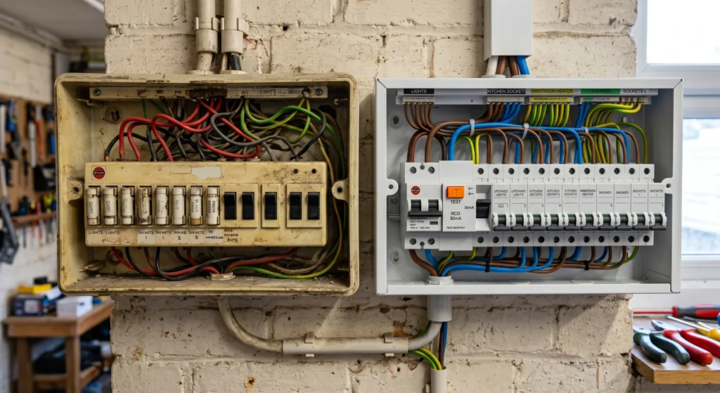 Old, cluttered fuse board beside a modern, neatly wired consumer unit showing an electrical upgrade.