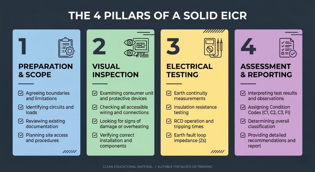 The four pillars of an EICR preparation, visual inspection, electrical testing, and assessment with reporting.