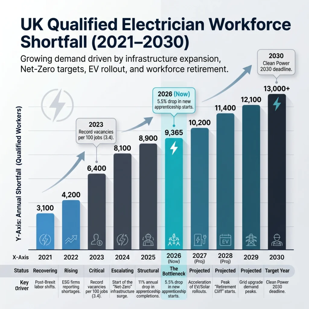 Bar chart showing the UK electrician workforce shortfall increasing from 3,100 in 2021 to 13,000+ by 2030