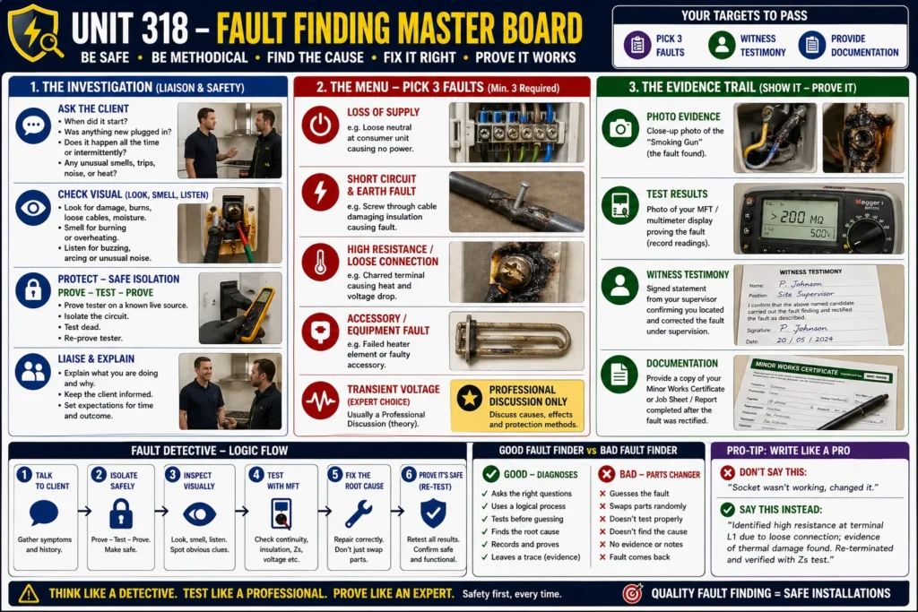 Electrical fault-finding training infographic showing investigation steps, common faults, testing procedures, and evidence documentation for Unit 318 master board.