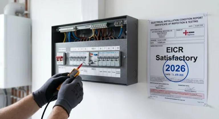 Electrician testing a fuse board with an EICR certificate showing Satisfactory 2026 on the wall