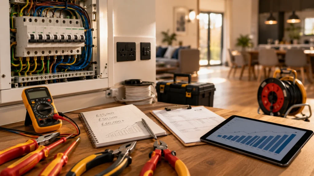 Electrician tools and open fuse box on a modern UK home workbench with salary notes and tablet chart.