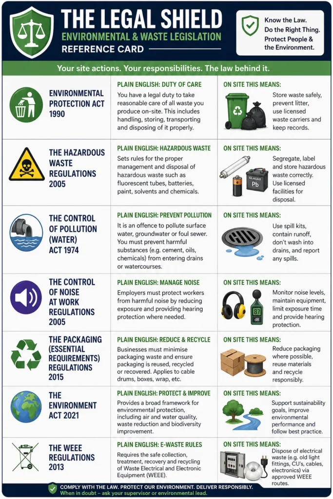 nvironmental and waste legislation reference card with UK compliance rules for waste management, pollution prevention, recycling, noise control, and WEEE disposal.