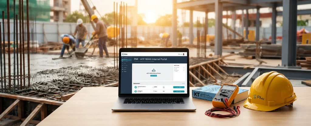 Laptop and electrical tools on a construction site desk during sunset