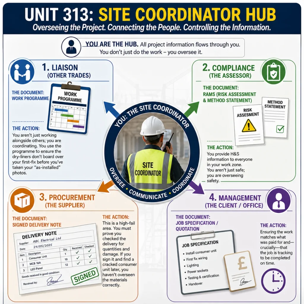Site coordinator hub infographic showing project liaison, compliance, procurement, and management responsibilities in construction.