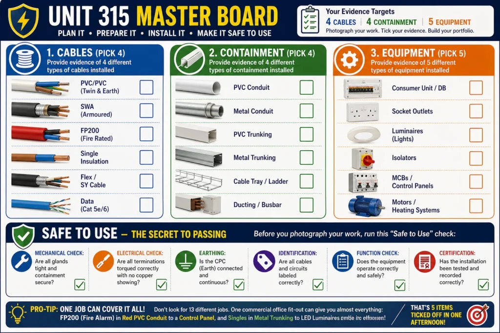 Unit 315 Master Board infographic showing electrical installation evidence targets, including cable types, containment systems, equipment categories, and safety checklist items for inspection and certification