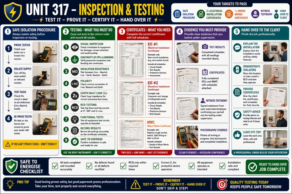 Unit 317 inspection and testing infographic showing safe isolation procedures, electrical testing steps, certification requirements, evidence collection, and client handover checklist.