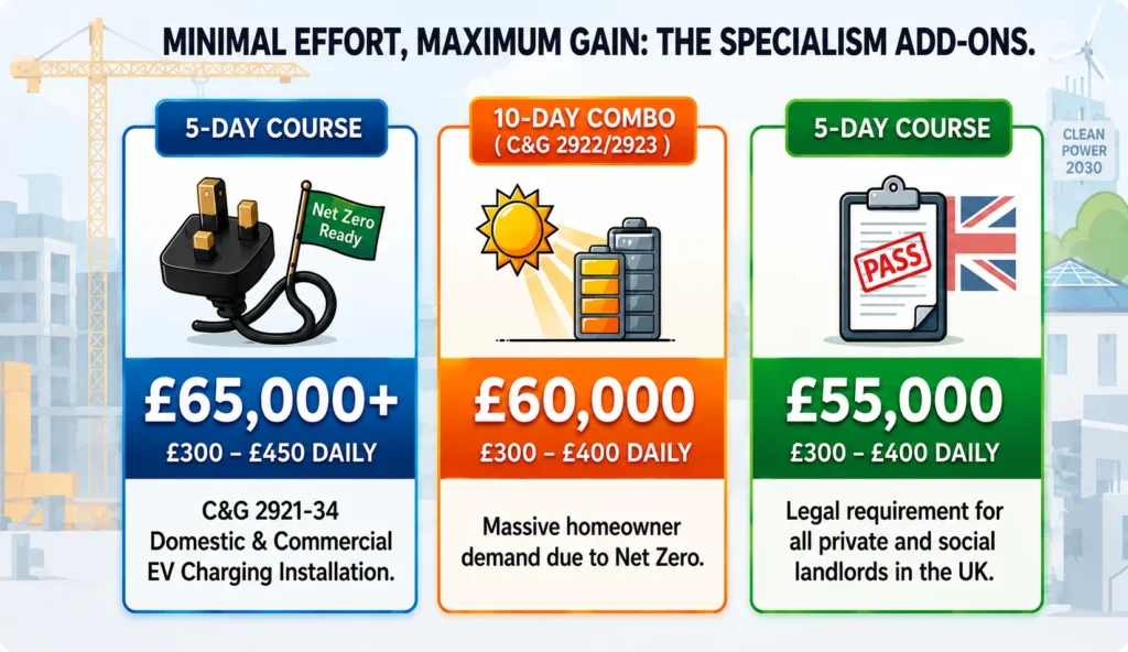 infographic showing three UK specialist add on courses with salary progression