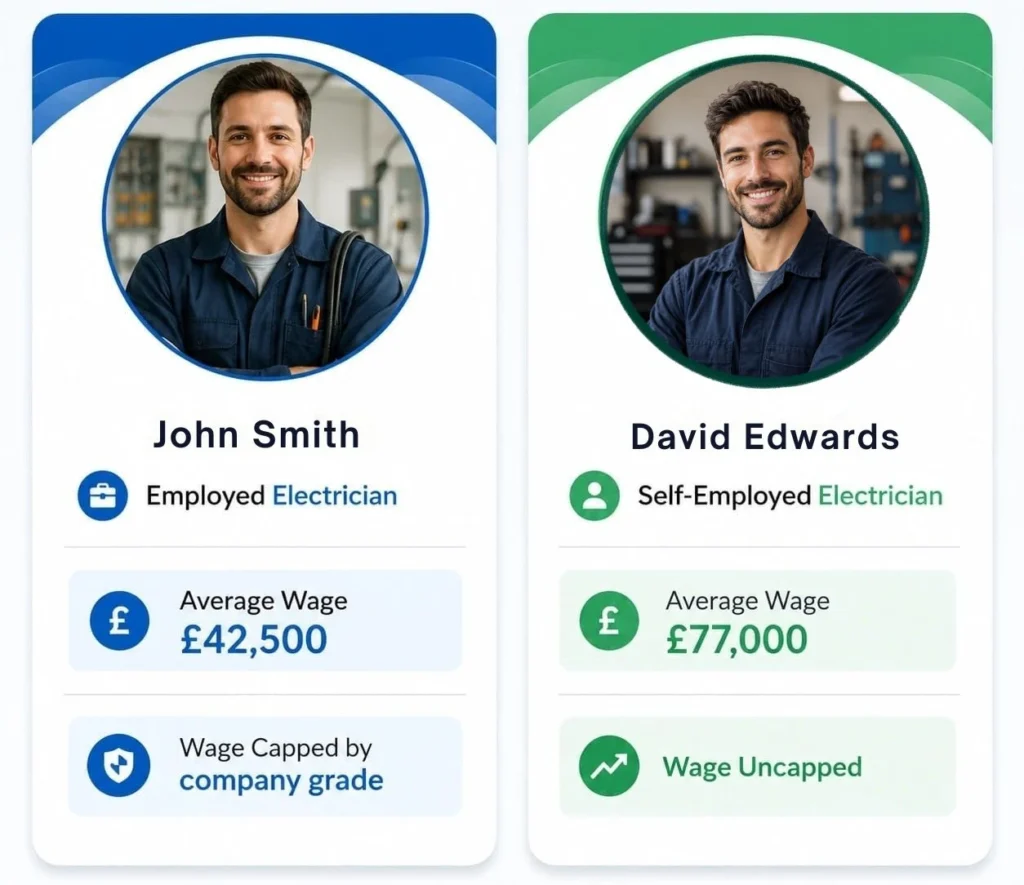 Comparing employed and self-employed electricians, showing average wages of £42,500 vs £77,000