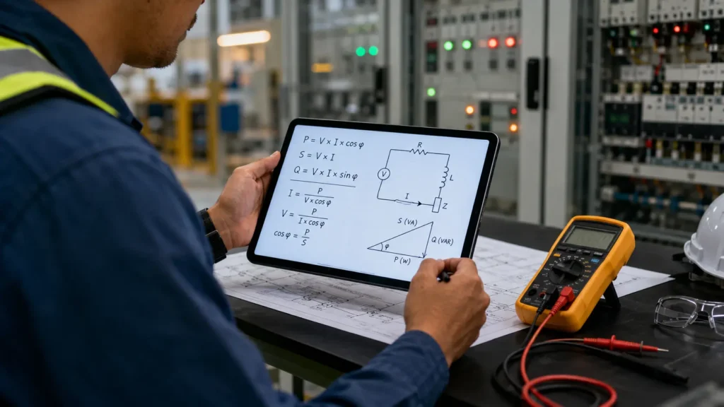 Electrical engineer reviewing power calculation formulas on a tablet beside a digital multimeter and test leads in an industrial workspace.