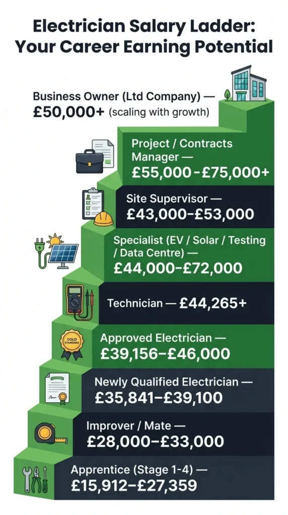 Electrician salary ladder showing UK career progression and earning potential from apprentice to business owner.