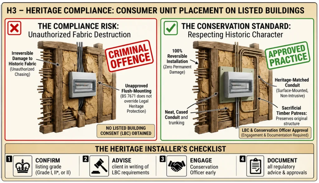 Heritage compliance infographic comparing incorrect and approved consumer unit installation in listed buildings.