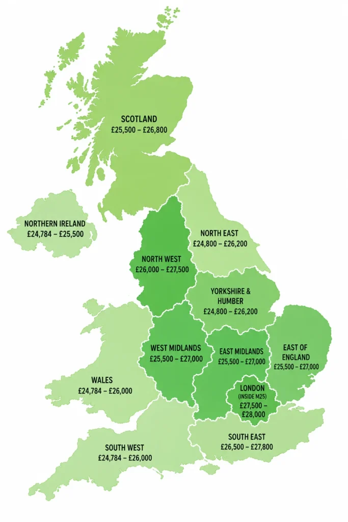 UK electrical apprentice salary map showing regional salary ranges across Scotland, Northern Ireland, Wales, England, and London in green color-coded regions.