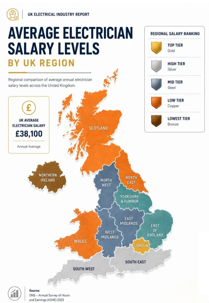 UK regional electrician salary map with color-coded salary tiers and ranking categories.