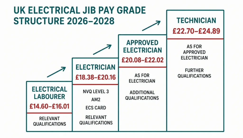 Infographic showing the UK Electrical JIB Pay Grade Structure 2026–2028, with pay ranges and qualification requirements from Electrical Labourer to Technician.