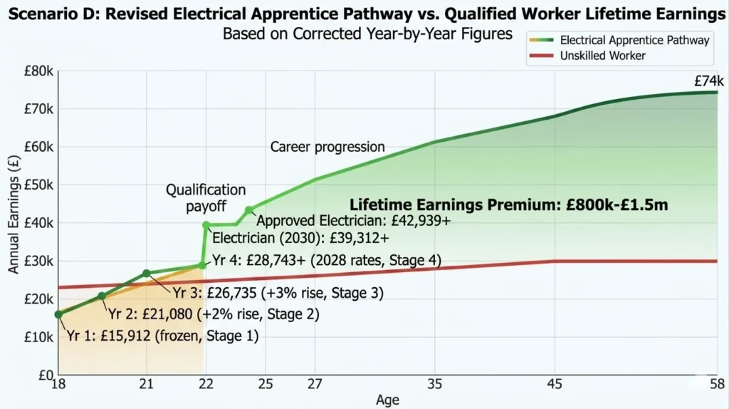 Line graph comparing electrical apprentice pathway showing initial low wages