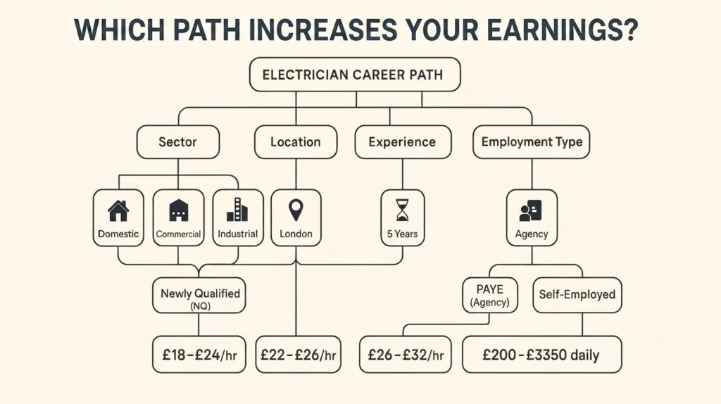 Minimalist electrician career path graphic showing sectors locations experience employment types and earning