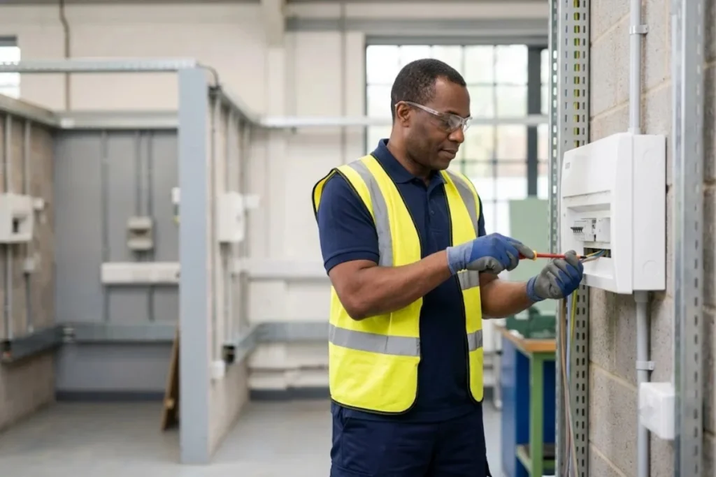 Electrical trainee focused on hands-on task during return-to-work training