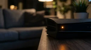 Games console left on standby overnight with illuminated power light in a modern living room.
