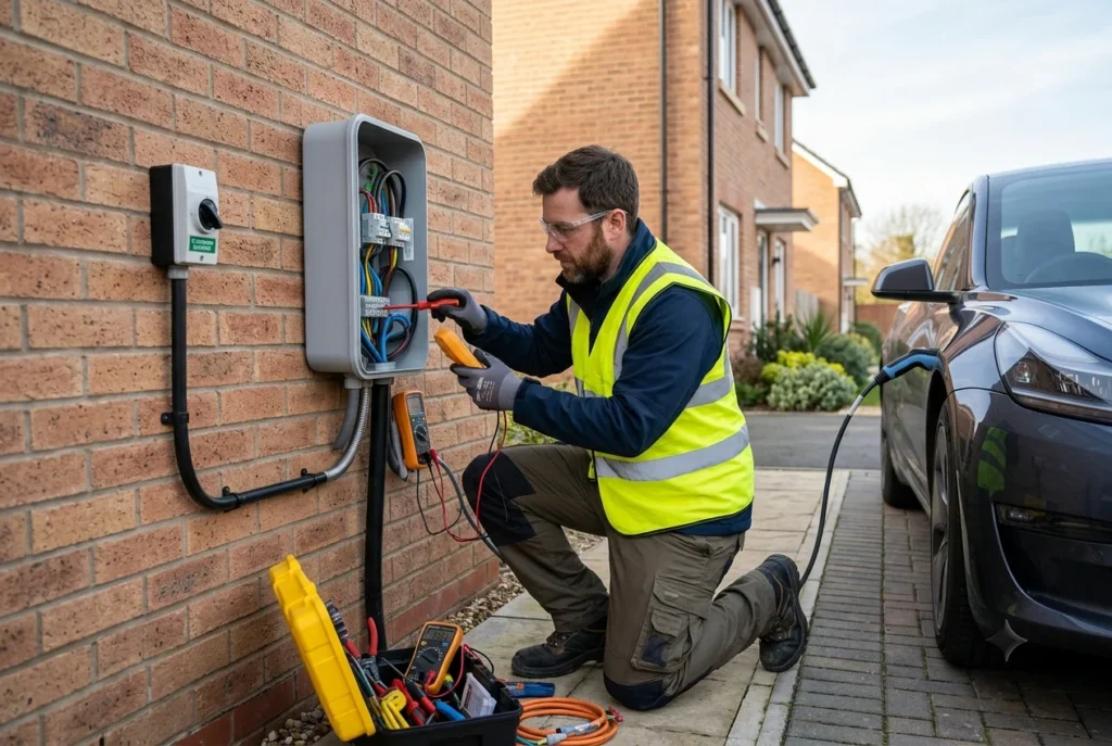 Qualified electrician installing compliant EV charging point