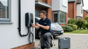 Home EV charger installed beside residential driveway