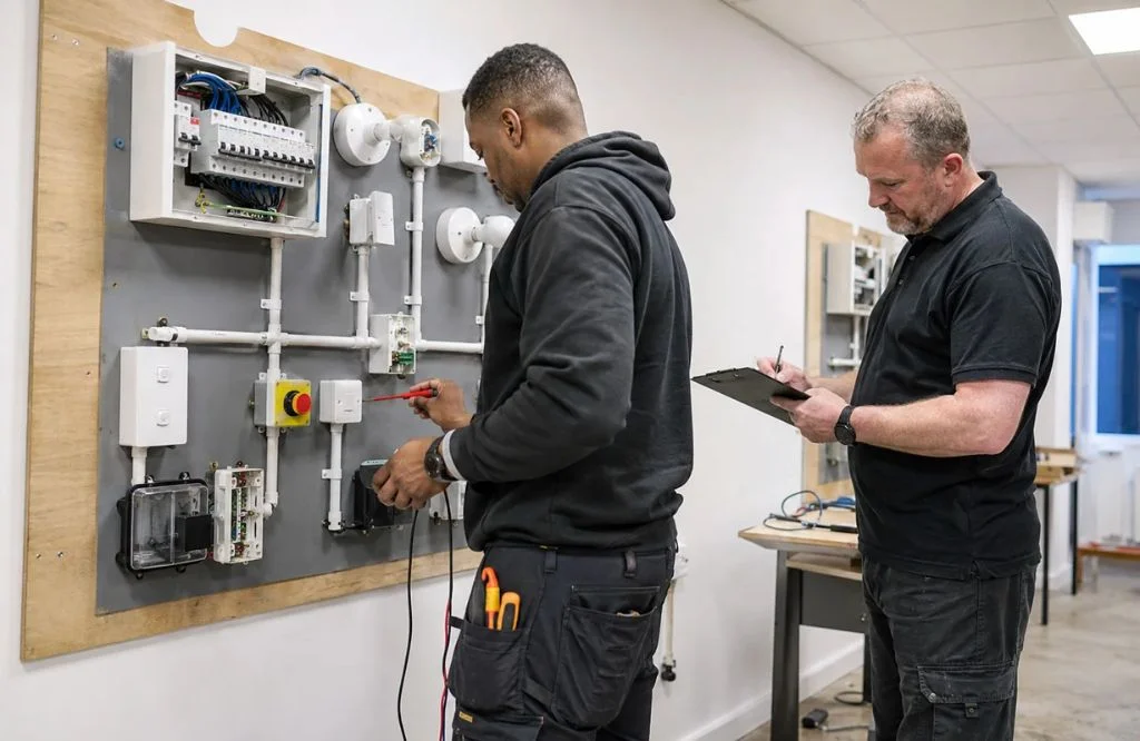 Electrical learner completed a Level 3 inspection and testing assessment while an assessor records observations on a training board