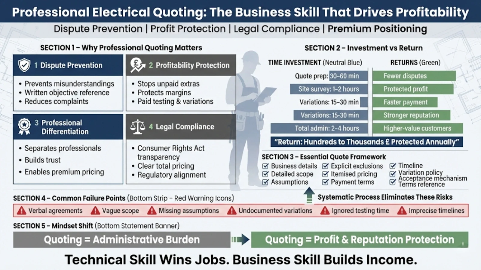 Business infographic chart illustrating how professional electrical quoting improves dispute prevention, profitability, legal compliance, and premium positioning